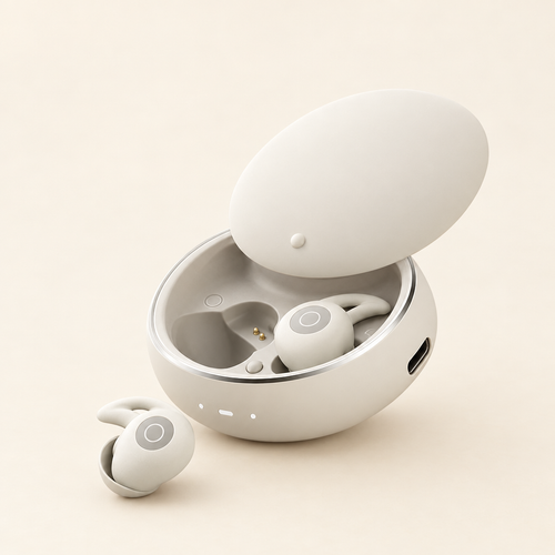 hanura. CloudPods Schlaf-Ohrhörer in Beige mit geöffnetem Ladecase