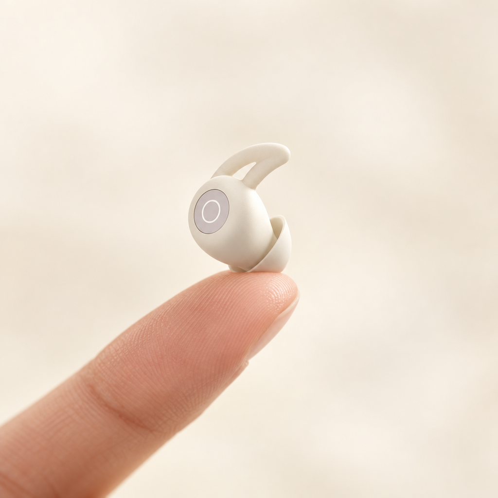 CloudPods Ohrhörer auf einer Fingerspitze – nur 2,9 g