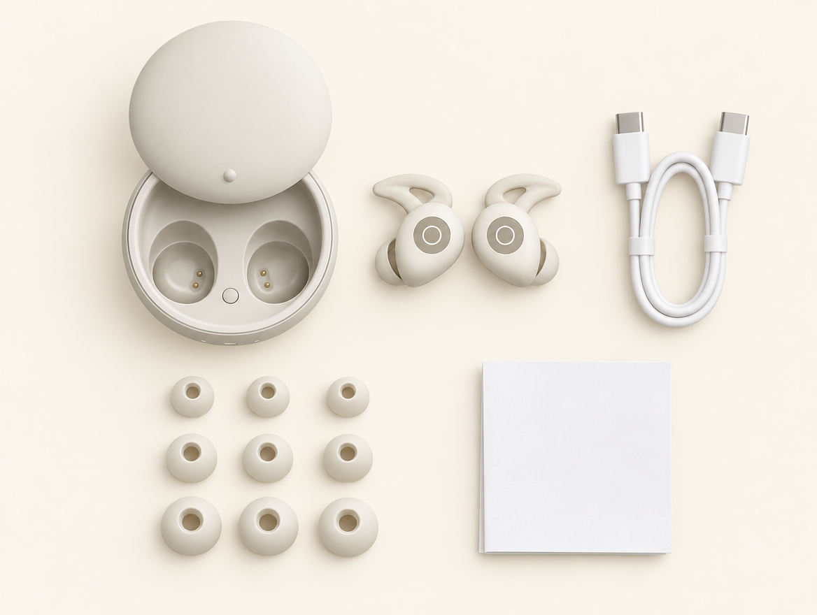 Lieferumfang CloudPods: Ohrhörer, Ladecase, USB-C-Kabel, Ohraufsätze, Anleitung